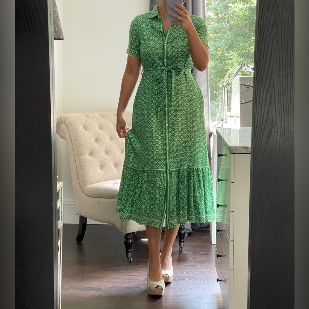 New! Green & White Button-Up Midi Woman’s Dress with Short Sleeves size S